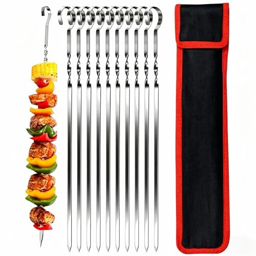 15.75/40cm Stainless Steel Flat Kebab Skewers, 10-Pack Extra Long & Thickened, Sharp Tips, Rustproof, Dishwasher Safe, Reusable with Storage Bag for BBQ, Family Parties, Shish Kabob