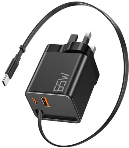 65W USB C Charger Plug with Retractable Cable(, GaN Fast Charging 3-Port Wall Charger (USB-C & USB-A) for MacBook Air/Pro, iPhone 16/15/14/13, iPad, Pixel, Travel Power Adapter, Black