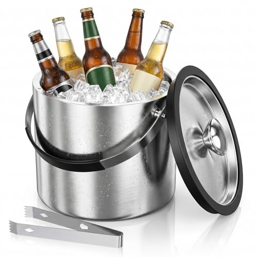 2L Edelstahl Eisbehälter mit Luftdichtem Deckel, Sieb und Eiszange, Eiswürfelbehälter Doppelwandiger, Lsolierter Eiseimer Bier Eiskübel WeinChampagner Kühler