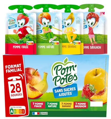 POM'POTES® Compote Sans Sucres Ajoutés Pomme Banane Brugnon Fraise 28x90g | Gourde, Pommes Françaises, Source De Fibres, Nutri-Score A, 3 Ans Et Plus