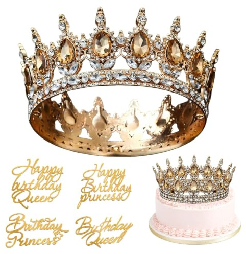 1 styck födelsedagskrona för flickor, krona för tårta, med 4 Happy Birthday-tårtdekoration, tårttoppar, för födelsedag, bröllop, förlovningar och speciella tillfällen (gyllene champagne)