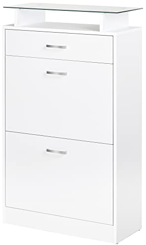 HOMCOM 2-türiger Klapp-Schuhschrank Weißeiche | Schuhaufbewahrungseinheit, 2 Fächer, Glasablage.