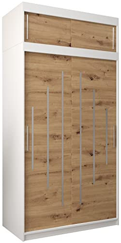 Kryspol Schwebetürenschrank York 120 cm Kleiderschrank mit Kleiderstange und Einlegeboden Schlafzimmer- Wohnzimmerschrank Schiebetüren Modern Design (Weiß + Artisan Eiche mit Erweiterung)