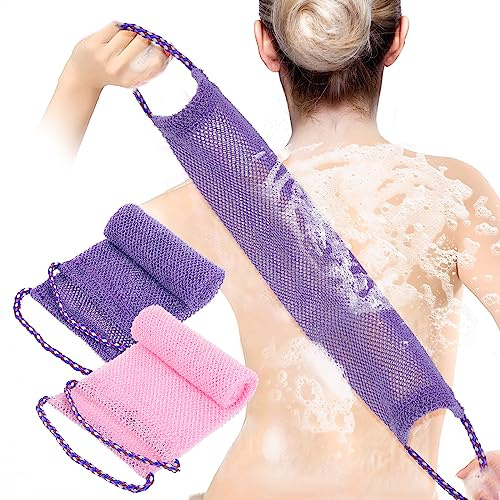 Prasacco 2 Stück Peeling Badetuch, Peeling-Rückenschrubber Nylon Rückenschrubber mit Griffen 76 x 14 cm Tiefe Reinigung Körperschrubber mit dehnbarem Zuggurt für Damen und Herren (Lila, Rosa)