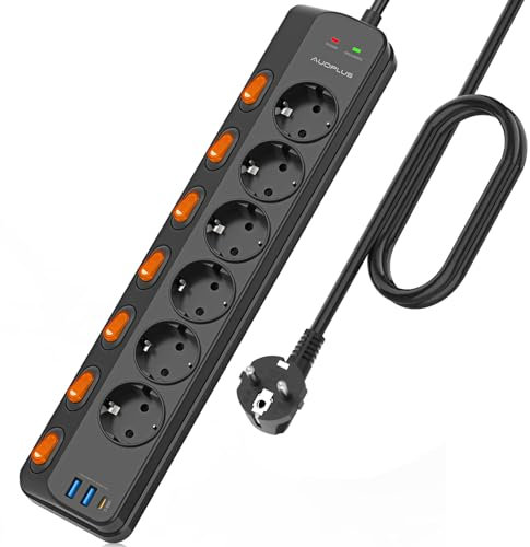 Regleta Enchufes con USB, Regletas Enchufes de 6 Tomas Corrientes, 2 puertos USB-A y 1 USB-C(PD 20W), Enchufe Multiple 3680W/16A con interruptores individuales y Protección Infantil, Cable de 3M,Negro