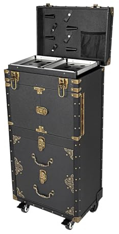 Valise à roulettes vintage pour coiffeur - Mallette de voyage - Chariot de travail - Pour salon de beauté professionnel - 4 niveaux - Noir, Noir , 38.5*25.5*80.5cm, Moderne