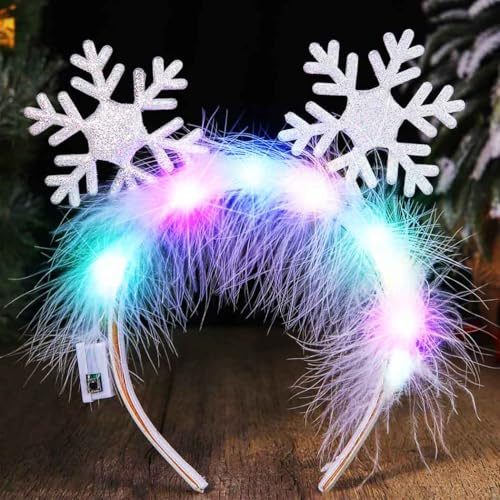 Reaky Bandeau Lumineuse de Noël Argent Flocon de Neige Bandeaux Fêtes Plume Accessoire de Cheveux pour Femmes