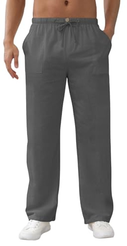 Aisprts Pantalon Lino Hombre Pantalones Holgados de Ocio Pantalones Ligeros de Verano para Hombre con Bolsillos, Cintura Elástica y Cordón, Beige, XL