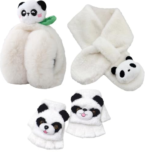 YskerrigToy Panda Accessori Invernali Bambini, 3PCS Invernale Paraorecchie Sciarpa Guanti Set Paraorecchie in Peluche Termico Sciarpa Guanti Set Invernale per Ragazze e Ragazzi Bianco