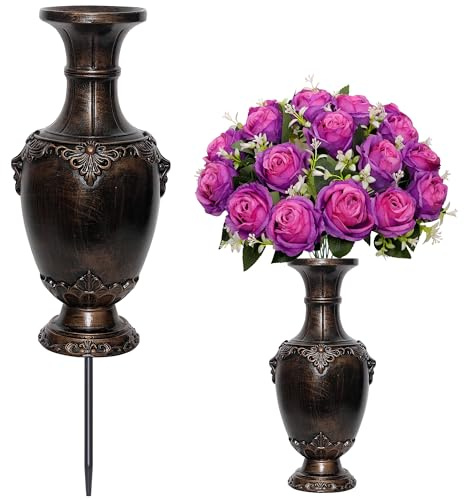 Memorial Grave Vase with Ground Spikes,Cemetery Vase, Headstones Flower Holder, Vases for Artificial Flowers for Grave Markers Cemetery Decorations ﻿ (1, Bronze)