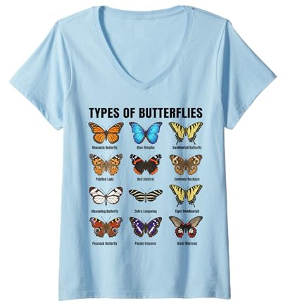 Femme Types de Papillons, Tableau des espèces de Papillons T-Shirt avec Col en V