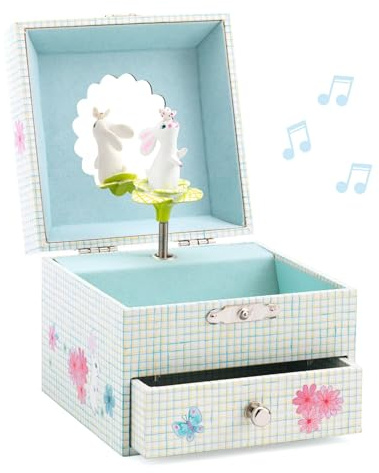 Djeco Boîte à Musique Enfants Lapin - Intérieur Velours, Tiroir Rangement, Miroir, Figure Tournante Lapin Choux - Qualité Supérieure - Mélodie « Let Me Call You Sweetheart », avec Manivelle