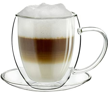 Creano Tazze Termica extra Large in Vetro a Doppia Parete, Tazza in Vetro con Manico XXL e Sottobicchiere | 400ml in Esclusiva Confezione Regalo