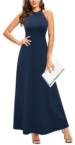 STYLEWORD Abito Lungo da Donna con Stampa Floreale Senza Maniche con Spalle Scoperte Elegante Abito Lungo con Scollo all'Americana（Marina Militare，L）
