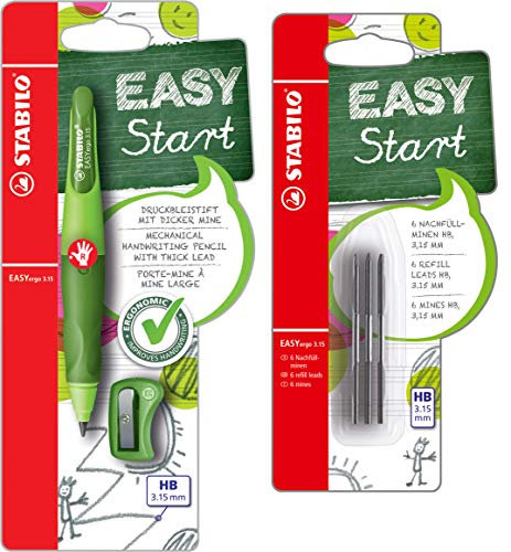 Ergonomischer Druck-Bleistift für Rechtshänder - STABILO EASYergo 3.15 - Härtegrad HB & Spitzer (Hell-/Dunkelgrün + 6 Minen)