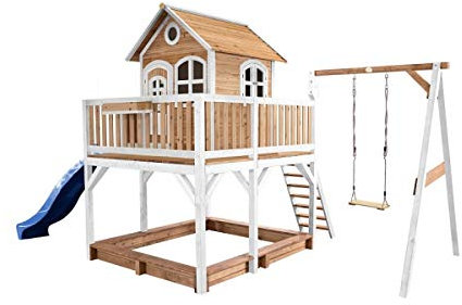 AXI Liam Maison Enfant avec Bac à Sable, Balançoire & Toboggan Bleu | Aire de Jeux pour l'extérieur en Marron & Blanc | Maisonnette/Cabane de Jeu en Bois FSC