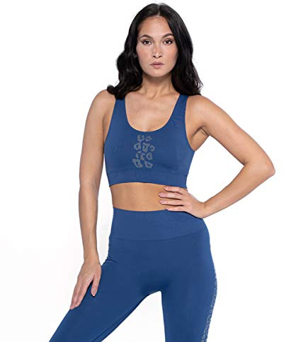 HECVS|#HEART and SOUL Damen Top Circle Leo Line-Twilight Sport-BH mit breitem Rundhalsausschnitt vorne und geripptem Band aus silbernen Nieten, Blau, M/L