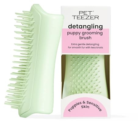 Tangle Teezer Pet Teezer pälsvårdsborste för valpar – Skonsam pälsvårdsborste för hundvalpar – Idealisk för valpar och hundar med känslig hud och päls – Mintgrön