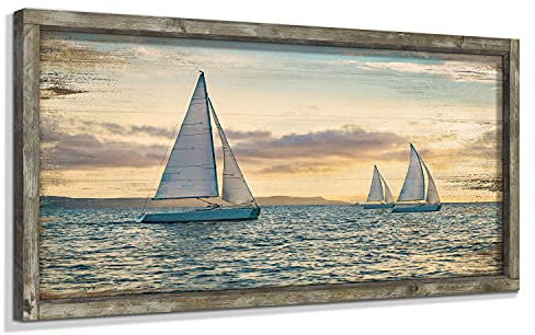 Ocean Framed Wooden Wall Art: Coastal Painting Art 40x20 Sail Boats Artwork Decor Sunset Seascape Picture Prints for Office