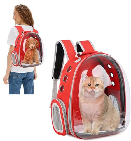 PETCUTE Katzenrucksack Raumkapsel,Tragbar Haustier-Rucksack für kleine Katzen, Welpen, Hunde, Hase,Atmungsaktiv transparenter Hunderucksack,für Reisen, Spaziergänge und Wandern,rot