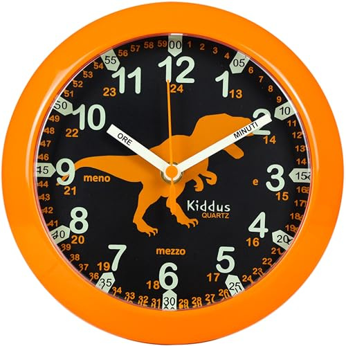 Kiddus Wanduhr Kinder & Lernuhr, 20cm Uhr für Kinderzimmer, Jungen & Mädchen, Lautlos ohne Ticken, Markierte Zeiger (Stunde & Minute), Pädagogisches Design - 03 Dino IT 20cm
