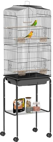 PawHut Jaula para Pájaros, Jaula Grande con Ruedas, Estante de Almacenaje, Puertas, 4 Comederos, 3 Perchas, Columpio, Bandeja Extraíble y Asa, para Loro, Canario, Periquito, 46,5x36x157 cm, Negro