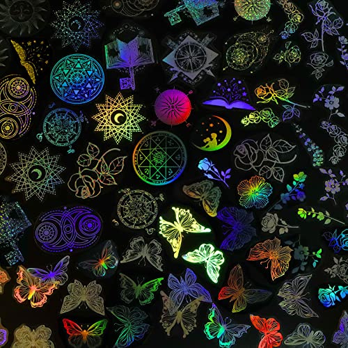 135PCS Holographic Stickers for Resin, Kalolary Shiny Resin Sticker for Art Craft Adhesive Rainbow Magic Butterfly Flower Sticker Coloful Laser Decals for DIY Scrapbook Laptop Water Bottles (3 Packs)