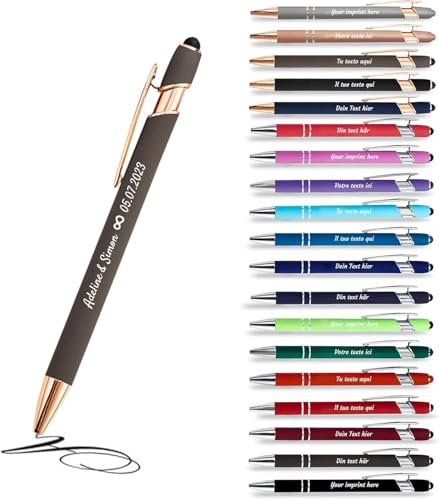 Jolis Papiers - x12 - Stift personalisiert 2 in 1 - Personalisierter Kugelschreiber mit Gravur I Rosegold-Metall I Weicher Griff I schwarz schreiben I integrierter Stylus