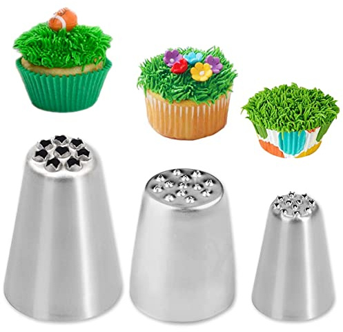 ExceLife 3 Stück Gras Zuckerguss Düsen Set, Edelstahl Russische Gras Creme Tipps Kuchen Dekorieren Spritztüllen für Fury Kuchen Fondant Buttercreme Dekoration
