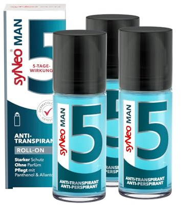 syNeo 5 MAN Antitranspirant Deo Roll-On – 5-Tage-Wirkung – starker Schutz gegen Schwitzen & Geruch – Deoroller für Achseln – ohne Parfum – dermatologisch getestet – für Herren – 3er Pack (3 x 50 ml)