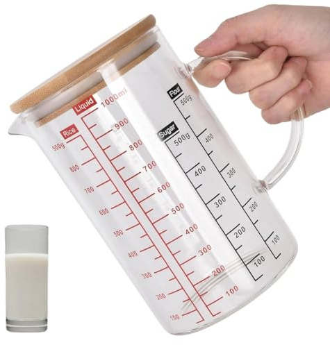 Measuring Jug, 1000ml Glass Measuring Jug Glass Measuring Cup Glasses Beaker with Lid Graduated with Ergonomic Handle Glass Jug for Kitchen Restaurant (XXL)