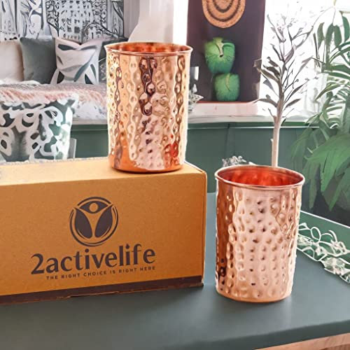 2activelife Hammered Design Copper Tumbler Set | Drinking Water with Copper Cups | Premium Quality Tumblers for Home, Office, Travel & Gifting - 11.8 US Fl Oz