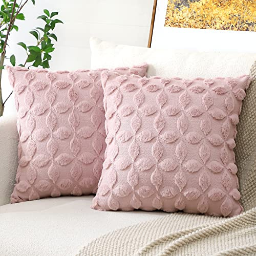 Artscope 2er Set Wolle Kissenbezüge Weicher Plüsch Kurzer Wollsamt Dekokissenbezuge Luxuriöses Sofakissen Boho Kissenhülle für Sofa Schlafzimmer Blumenmuster Rosa, 50x50cm