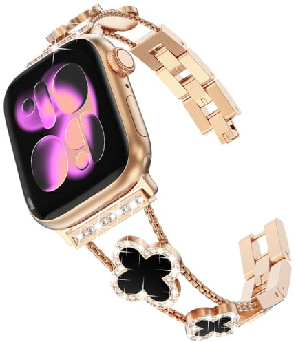 KADES Damen Ersatzarmband kompatibel mit Apple Watch Armband 42mm(Series 10 11) 41mm 40mm 38mm, Glücks Vierblatt Diamant Edelstahl Gliederarmband für iWatch SE Series 11 10 9 8 7 6 5 4 3 2 1,Roségold