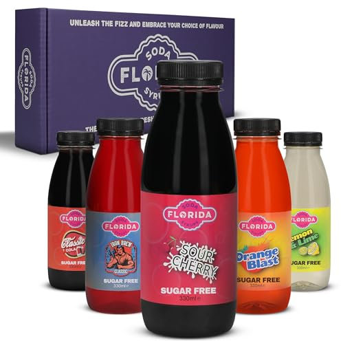 Florida Soda Syrup Compatible With Sodastream - Classic Range Apartame & Sugar Free | Iron Brew, Lime & Lemon, Orange, Cola, Sour Cherry Concentrated Flavours (Classic Sugar Free, 5 Pack)
