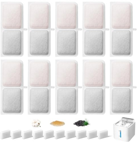 Hantoc 20 Piezas Filtros Fuente Gatos, 10 filtros de carbón y 10 esponjas de Espuma para 3,2L Fuente de Agua para Gatos a Pilas P08 Filtros Fuente con Resina y Carbón Activo para Fuentes de Flores