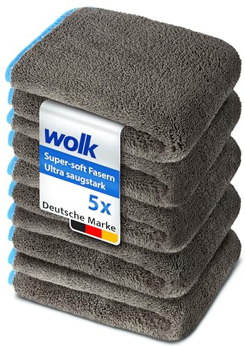 wolk Auto Trockentuch 5er Set 1200 GSM, Mikrofasertuch Auto 40x40 cm | 1200 GSM Premium-Mikrofaser. Fusselfrei, lackschonend und streifenfrei in Grau/Türkis.