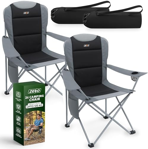 ZENO Camping Chair 2PCS | Folding Camping Chairs for Adults with Padded Backrest, Cup Holder and Side Storage Pocket | Heavy Duty Portable Chair with Strong Steel Frame for Camping, Festivals, Outdoor