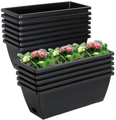 Lysjtsr Rektangulär planteringslåda med dräneringshål och brickor, plastkruka, blomlåda, kruka för inomhus- och utomhusväxter, uteplats, trädgård, heminredning, veranda, gård, 12 st, 43 cm (svart)