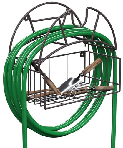 Supporto per tubo da giardino per montaggio a parete, supporto per tubo dell'acqua per carichi pesanti con cestello portautensili, organizer per tubi in metallo per cortile esterno, giardino