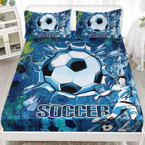 AILONEN 3D Soccer Fitted Sheet Twin Size,3Pcs Sport Football Through The Wall Bedding Sets,Goal Time Bed Sheet Set for Kids Boys,Footballer Bedsheets Set,Soccer Deep Pocket with 2 Pillowcases