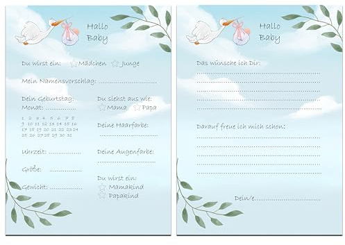 Babyparty Ratespiel 25 Karten zum Ausfüllen (DIN A6/ Beidseitig Bedruckt)- Tippkarten für Jungen und Mädchen- Ratespiel Schwangerschaft- Geschenk werdende Mama– Qualitativ hochwertig (Papier 400g/m²)