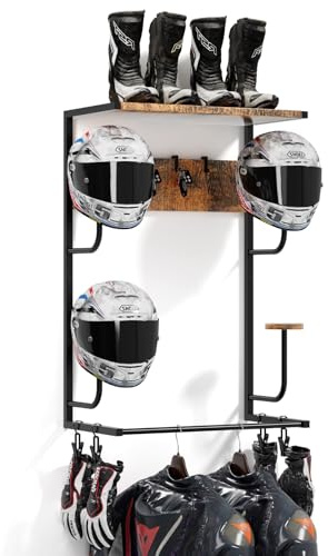 OMISRUIS Motorcycle Helmet Holder Wall-Mounted Helmet Rack with 4 Glove Chips& Hooks - Rustic Bike Helmets Storage Organizer, Universal Wall Mount for Helmets, Gear, Clothes, Accessories，Retro