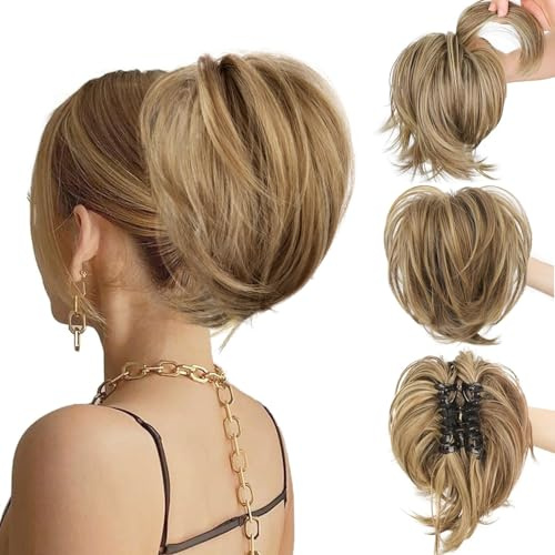PORSMEER Pferdeschwanz Verlängerung 22cm Klaue Clip in Pferdeschwanz Haarverlängerungen Kurz Pferdeschwanz Extensions Synthetisches Haarteil für Frauen,Einstellbare Styles Haarteile(Mittelbraun)