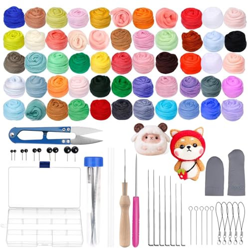 RISVOWO Nadelfilz Set, 50 Farben Wollgarn, Filz Starterset Filzwolle Nadelfilzen Set mit Filzwolle Werkzeu, Filzset für Anfänger Kinder Nassfilzen und Trockenfilzen DIY Handwerk