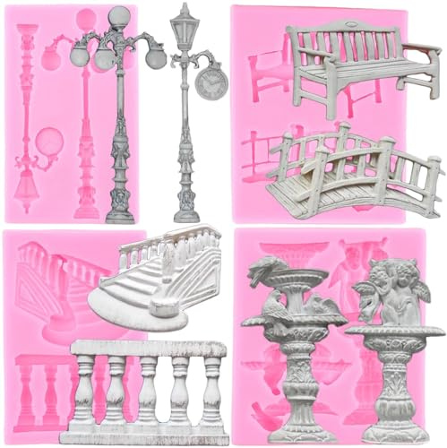 Silicone Molds for Soaps,4Pcs Fountain Street Lamp Silicone Mold Bench Bridge Fondant Molds Staircase Railing Cake Decoration Candy Clay Chocolate Mould