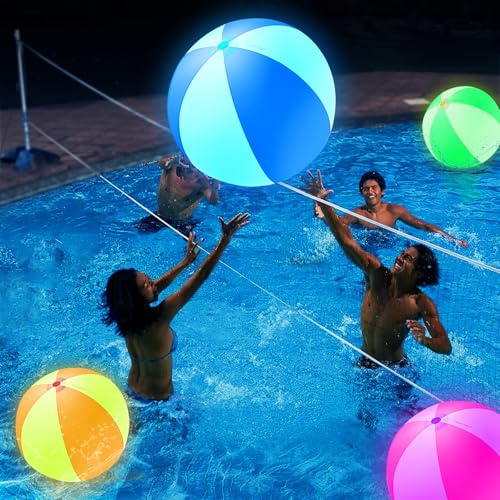 Spardar LED Beach Balls, 4 Pack 16 Inch Light up Beach Balls with Remote Control, Balloon Pump, 16 Colors Lights and 4 Light Modes Pool Balls for Pool Garden Decorations (2Pink+2Blue)