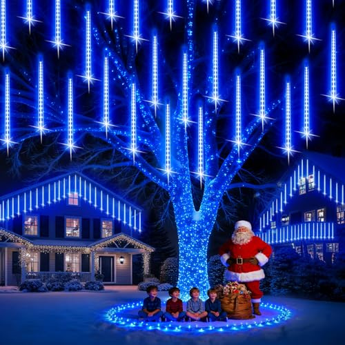 PEMOTech Weihnachtsbeleuchtung Außen,16 Röhren 40 CM 576 LEDs eiszapfen lichterkette außen,Wasserdichte Fallende Regen Lichter für Weihnachten Halloween Weihnachtsbaum, Weihnachtsdeko Aussen, Blau