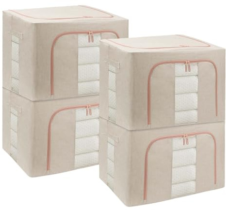 DAWNTREES 4 Pack 100L Collapsible Storage Boxes for Clothes, White | Steel frame, stackable design, dual clear windows, top and front zip openings, white fabric, easy access when stacked