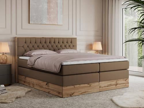 MKS MEBLE King Boxspringbett 180x200 mit Bettkasten und Kopfteil, Bonell Polsterbett mit Matratze H3 und Topper T25, Bett mit Holzrahmen in Wotan Eiche - Braun Kunstleder - Amore King